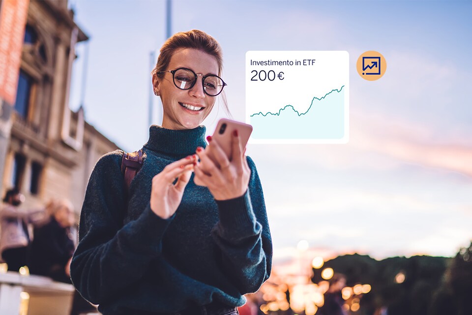 Illustrazione che rappresenta l’investimento in ETF con BBVA tramite app digitale